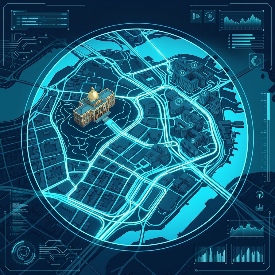 Isometric map of the New Hampshire State House and surrounding Concord capital district with glowing corridor routes