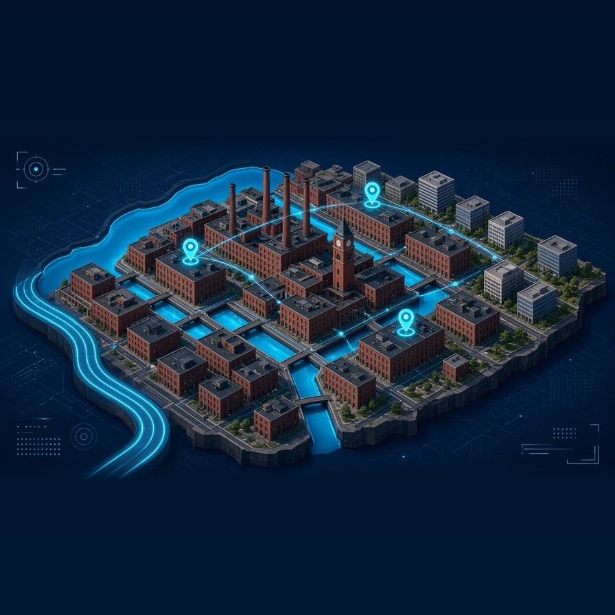 Isometric illustration of Lowell, MA's mill district, with red-brick mills, smokestacks, and a clock tower along glowing canals beside the Merrimack River, and map pins marking local businesses.