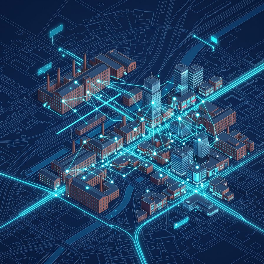Isometric illustration of Manchester's mill-yard district with glowing data connections between historic brick mills and modern towers