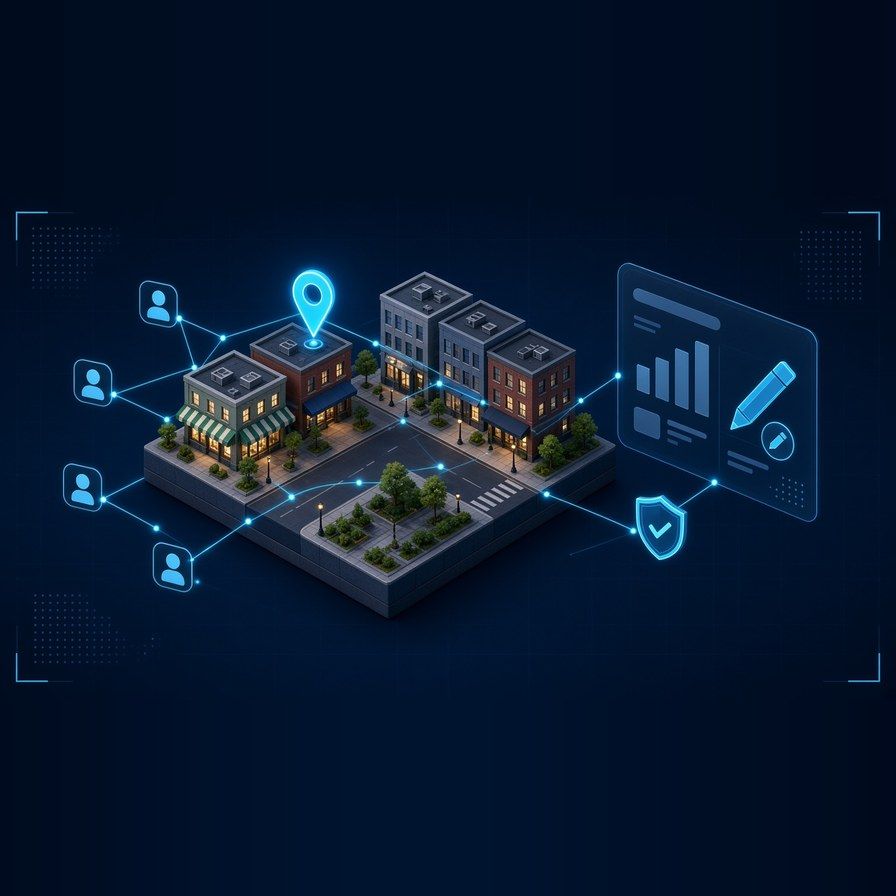 Isometric illustration of a small main-street block with a glowing map pin, linked by cyan network lines to anonymous user icons and a generic business listing card with an edit pencil and a review shield.