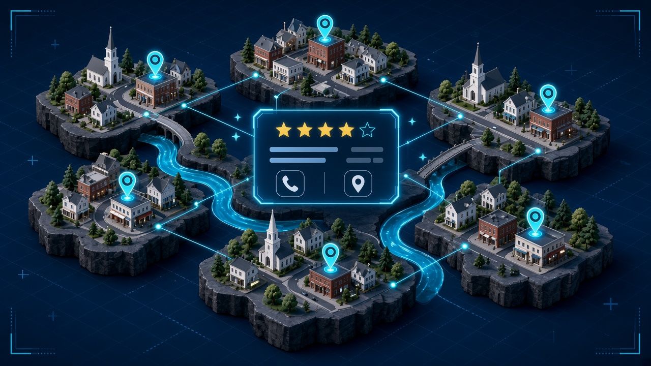 Isometric illustration of several small New England towns linked by glowing lines to a central business profile card, with map pins marking local businesses.