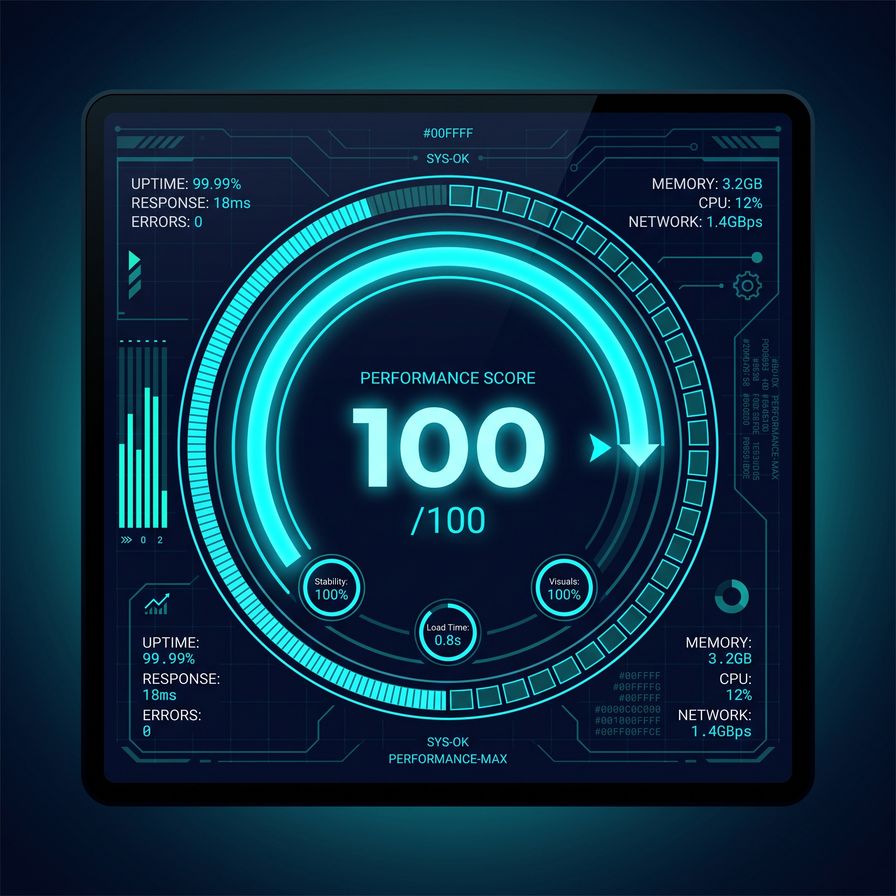 Futuristic dashboard showing a perfect 100 out of 100 performance score