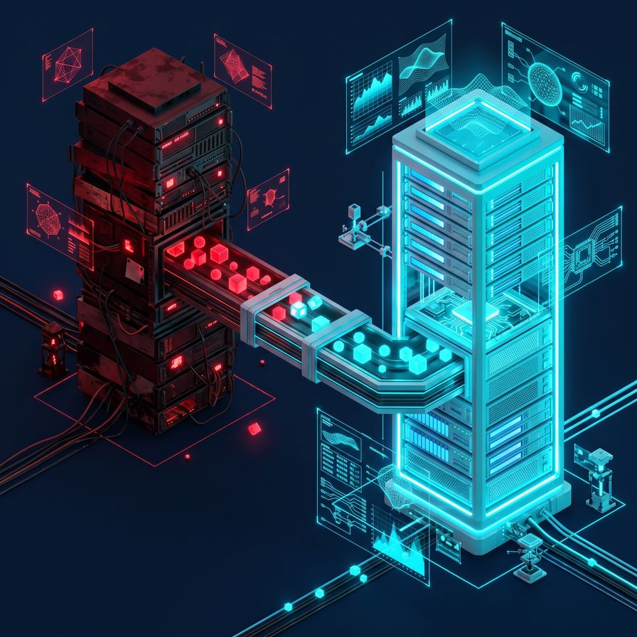 Isometric illustration of data migrating from a legacy red server rack to a modern glowing cyan server rack