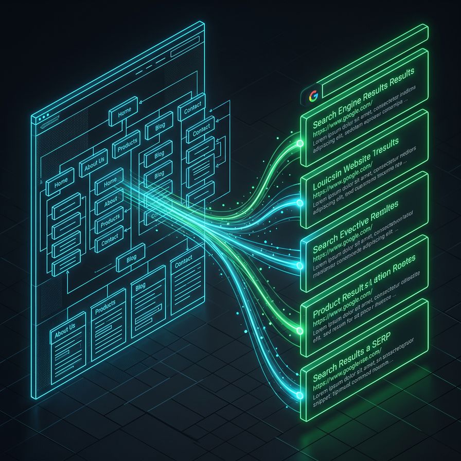 Isometric diagram of a website sitemap feeding glowing search-result listings